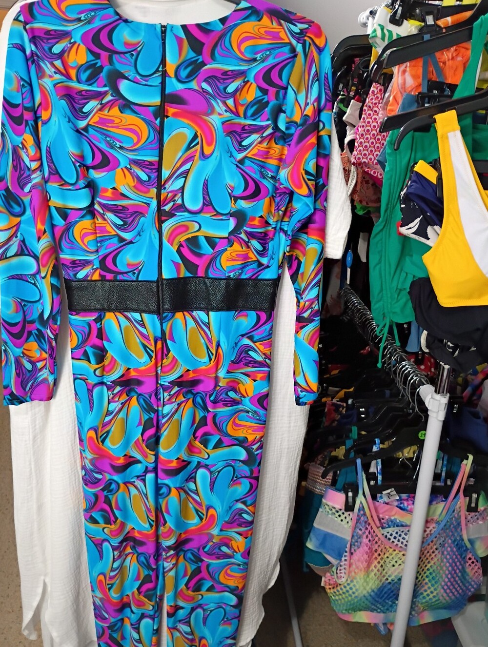 LECOIR Blue Multicolor Swirl Long-Sleeve Jumpsuit - Bodycon Bodysuit -Large NWOT - Picture 4 of 10